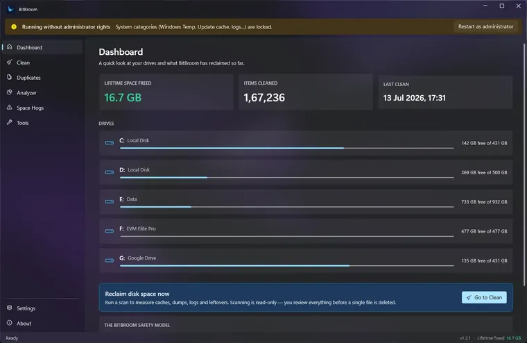 BitBroom Cleaner dashboard on Windows 11